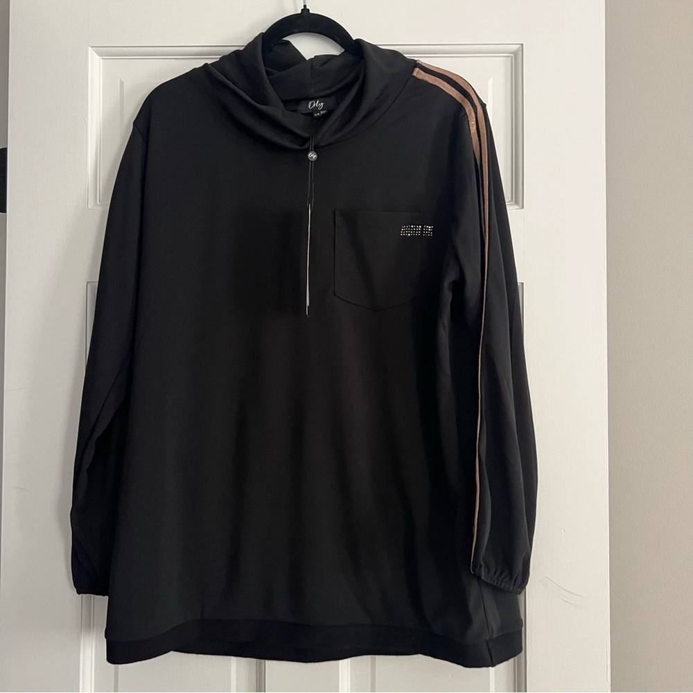 Orly Black Drawstring Turtleneck Top with Metallic Arm Stripe Detail - Large NWT